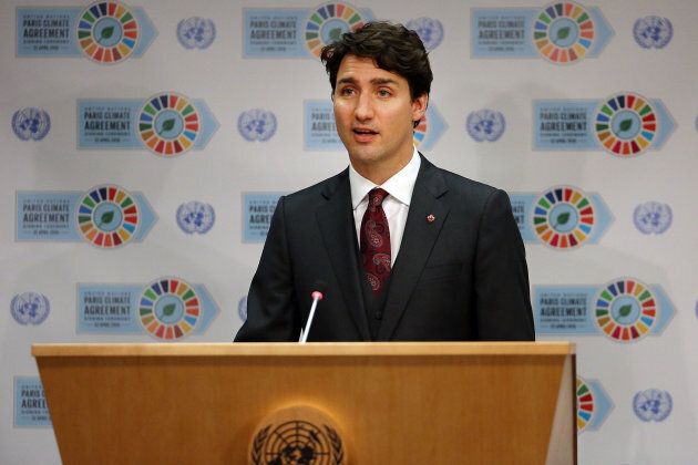 Canadian Prime Minister Justin Trudeau speaks at a news conference while attending the United Nations Signing Ceremony for the Paris Agreement climate change accord on April 22, 2016 in New York City.