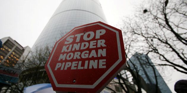 Opponents of the Kinder Morgan oil pipeline protest outside Liberal Party fundraising event in Vancouver, B.C., on April 5, 2018.