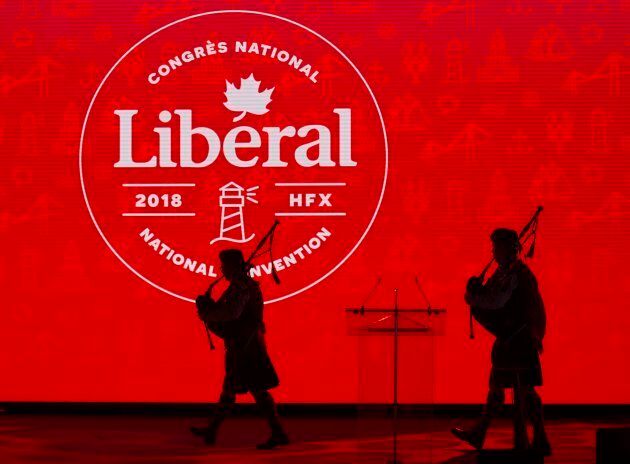 Members of the The 78th Highlanders (Halifax Citadel) Pipe Band take the stage at the start of the federal Liberal national convention in Halifax on April 19, 2018.