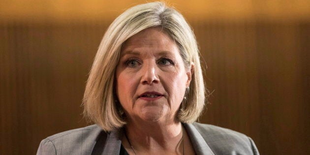 Ontario provincial NDP Leader Andrea Horwath takes questions from journalists during a pre-budget lock-up, as the Ontario provincial government prepares to deliver its 2018 budget at the Queen's Park Legislature in Toronto on March 28, 2018.