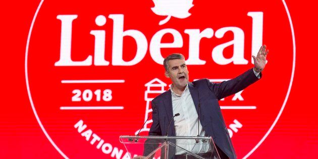 Nova Scotia Premier Stephen McNeil addresses the crowd at the start of the federal Liberal national convention in Halifax on April 19, 2018.