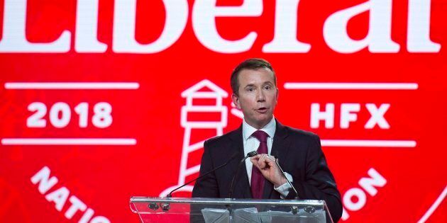 Treasury Board President Scott Brison addresses the crowd at the opening of the federal Liberal national convention in Halifax on April 19, 2018.