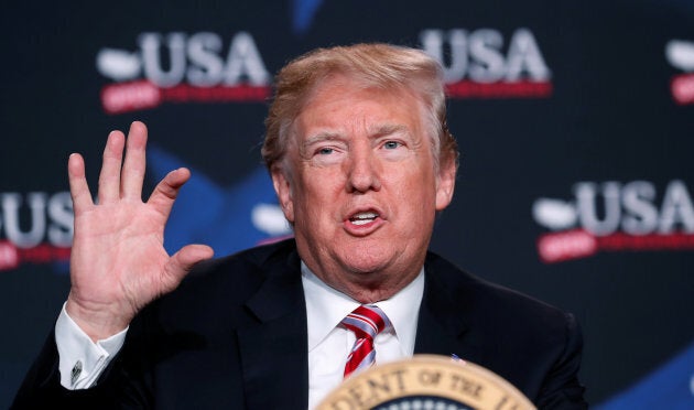 U.S. President Donald Trump gestures during a roundtable on tax cuts for Florida small businesses in Hialeah, Fla. on April 16, 2018.