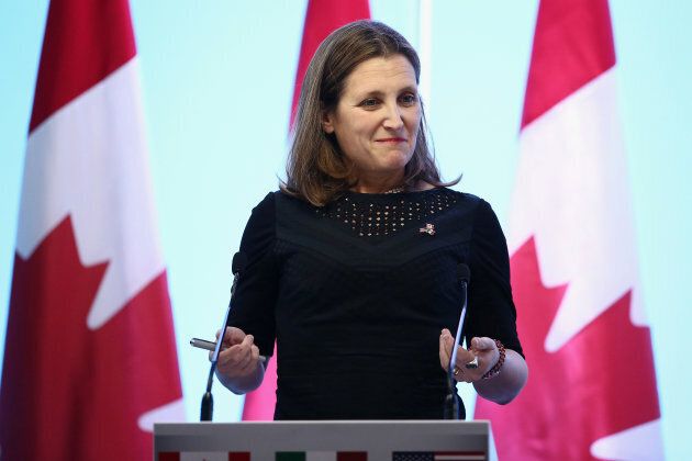 Canadian Foreign Minister Chrystia Freeland gestures during a joint news conference on the closing of the seventh round of NAFTA talks in Mexico City, Mexico on March 5, 2018.