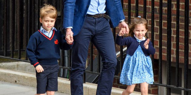 The Duke of Cambridge with Prince George and Princess Charlotte outside the Lindo Wing at St Mary's Hospital in Paddington, London, on Monday.