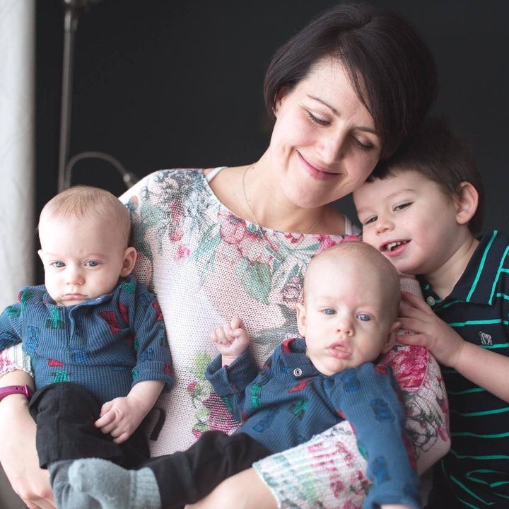 April Cunningham with her sons Callum (7 months), Leo (7 months), and Silas (3).