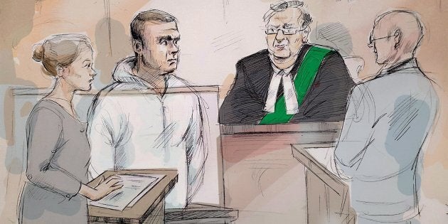 Duty counsel Georgia Koulis, left to right, Alek Minassian, Justice of the Peace Stephen Waisberg, and Crown prosecutor Joe Callaghan are shown in court in Toronto on Tuesday, April 24, 2018 in this courtroom sketch. A man accused of driving a van into pedestrians along a stretch of a busy Toronto street has been charged with 10 counts of first-degree murder. Alek Minassian, of Richmond Hill, Ont., is also facing 13 counts of attempted murder.