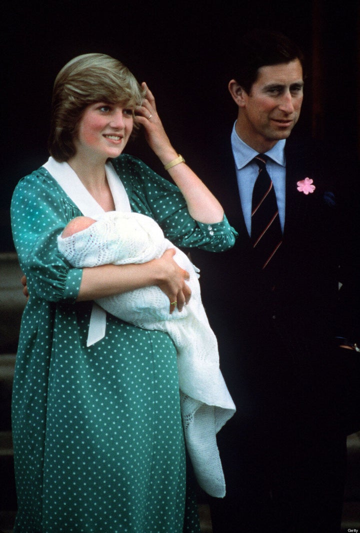 The Prince and Princess of Wales with their newborn son Prince William on the steps of St Mary's Hospital, London, June 1982.