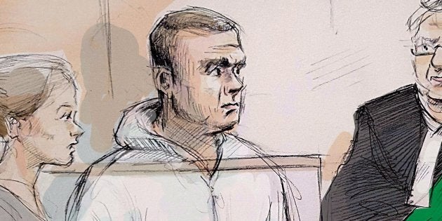 Duty counsel Georgia Koulis, left to right, Alek Minassian, Justice of the Peace Stephen Waisberg, and Crown prosecutor Joe Callaghan are shown in court in Toronto on Tuesday, April 24, 2018 in this courtroom sketch.