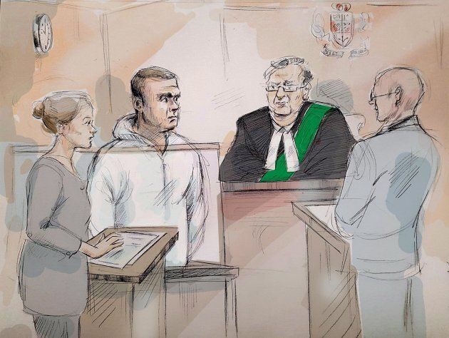 Duty counsel Georgia Koulis, Alek Minassian, Justice of the Peace Stephen Waisberg, and Crown prosecutor Joe Callaghan are shown in court in Toronto on April 24, 2018 in this courtroom sketch.