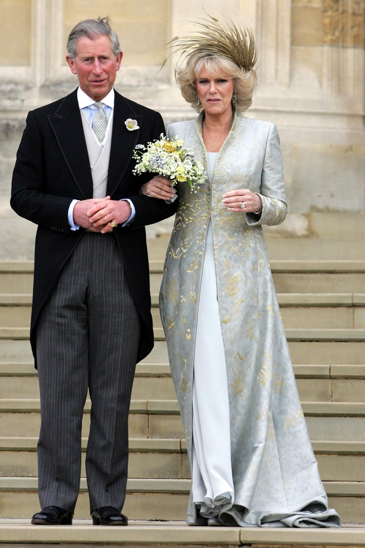 Prince Charles and Camilla, Camilla Duchess of Cornwall on the steps outside of St George's Chapel, April 9, 2005.