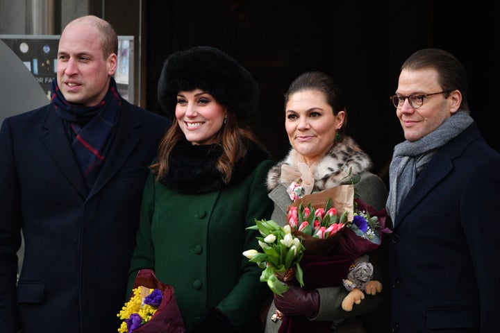 Prince William, the Duchess of Cambridge, Crown Princess Victoria, and Prince Daniel walk from the palace to the Nobel Museum, Stockholm, Jan. 30, 2018.