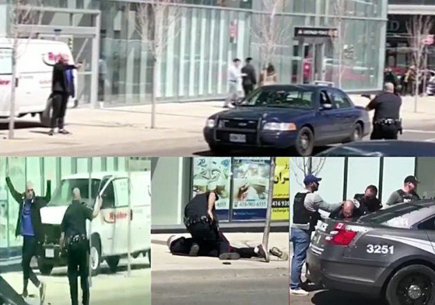 Clips from YouTube videos shot by people who witnessed the takedown of the man accused of killing 10 people in Toronto by driving onto busy sidewalks show a textbook example of how to apprehend a suspect without firing shots.