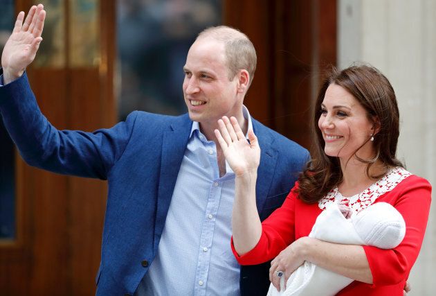 Prince William and the Duchess of Cambridge depart the Lindo Wing of St Mary's Hospital with their newborn baby son on Monday.