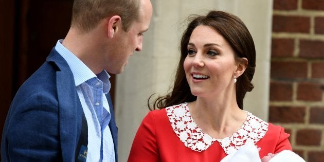 Prince William and Catherine, Duchess of Cambridge leave the Lindo Wing at St. Mary's Hospital with their newborn son on Monday.