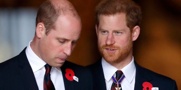 Prince William and Prince Harry attend an Anzac Day Service of Commemoration and Thanksgiving at Westminster Abbey on April 25, 2018 in London.