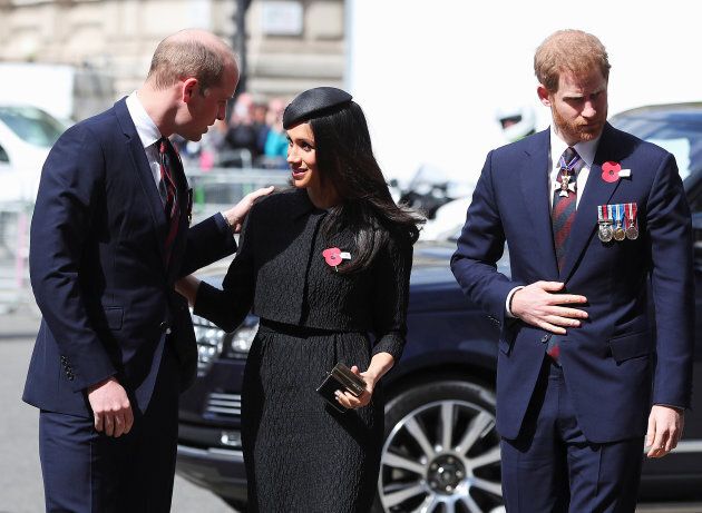 Prince William, Meghan Markle and Prince Harry arrive for an ANZAC day service at Westminster Abbey in London, April 25, 2018.