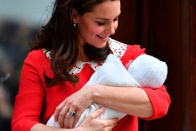 Kate Middleton and her third child on the steps of the Lindo Wing at St Mary's Hospital in central London, on April 23, 2018.