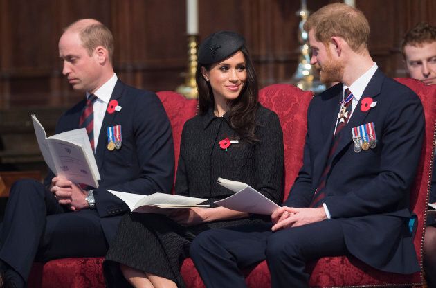 Prince William, Meghan Markle and Prince Harry attend an Anzac Day service at Westminster Abbey on April 25, 2018 in London.