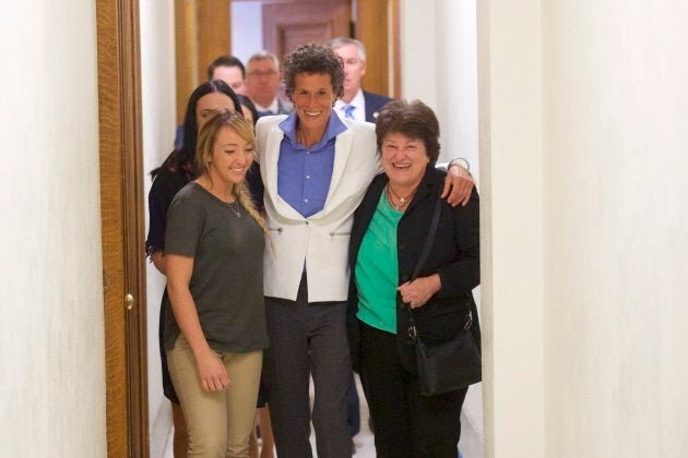 Bill Cosby accuser Andrea Constand, centre, reacts after the guilty on all counts verdict was delivered in the sexual assault retrial at the Montgomery County Courthouse on April 26, 2018 in Norristown, Pennsylvania.