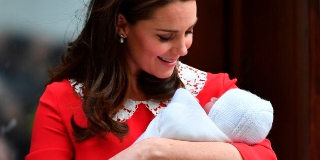 The Duchess of Cambridge and Prince Louis on the steps of the Lindo Wing at St Mary's Hospital on April 23, 2018.