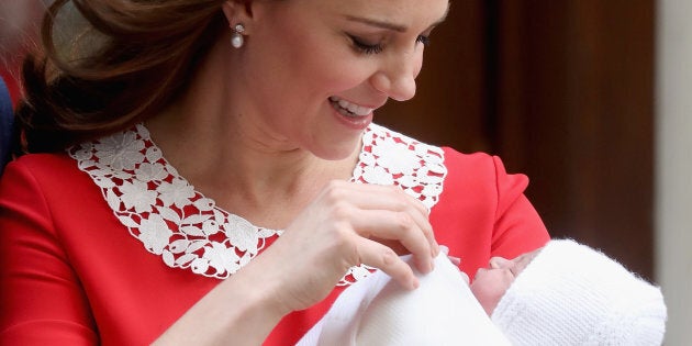 The Duchess of Cambridge departs the Lindo Wing with her newborn son, Prince Louis, on April 23, 2018.