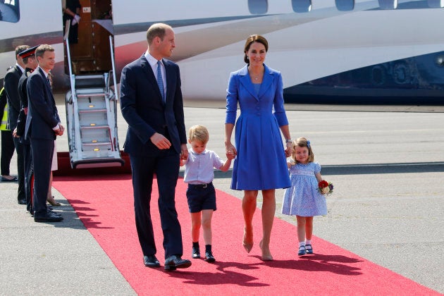 The duke and duchess with their children, Prince George and Princess Charlotte, during an official visit to Poland and Germany on July 19, 2017.