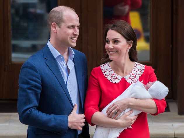 The royal couple and their newborn son, Prince Louis, depart St. Mary's Hospital on April 23, 2018.