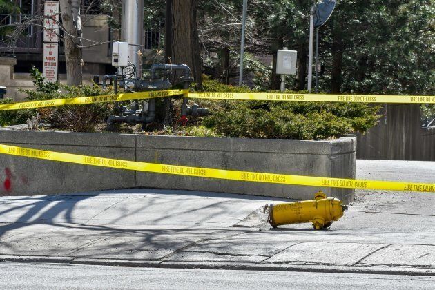 A fire hydrant was knocked over after a van struck pedestrians on Yonge Street between Finch Ave and Sheppard Ave in Toronto on April 23, 2018.