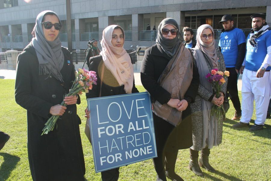 Hena Malik, second from right, and friends attend the 'Toronto Strong' vigil in North York on April 29, 2018.