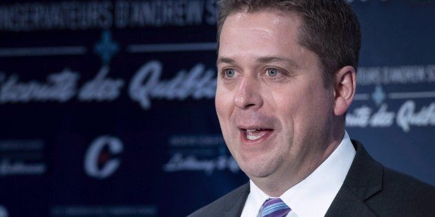 Conservative leader Andrew Scheer responds to a question during a news conference on April 19, 2018 in Montreal.