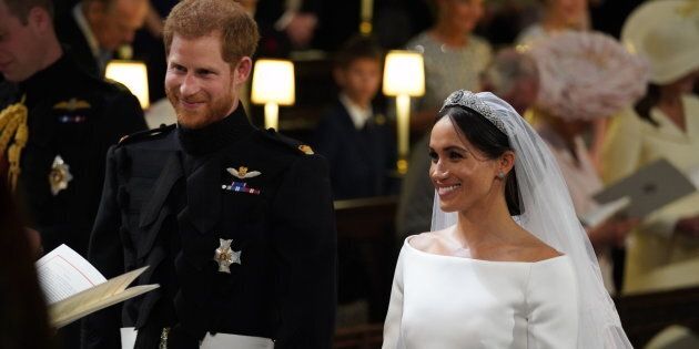 Prince Harry and Meghan Markle in St George's Chapel at Windsor Castle during their wedding service.
