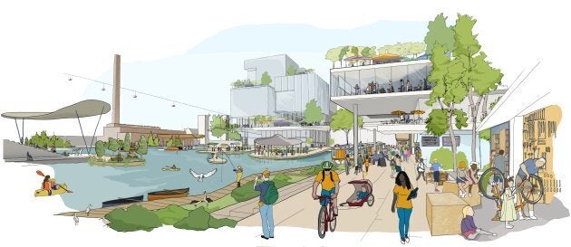 Concept art highlighting amenities at Sidewalk Labs' proposed smart city development.