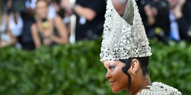 Rihanna arrives for the 2018 Met Gala on Monday at the Metropolitan Museum of Art in New York. The Gala raises money for the Metropolitan Museum of Arts Costume Institute.