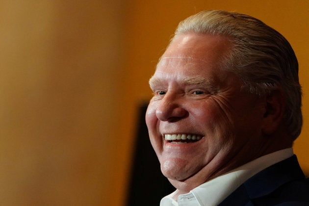 Progressive Conservative Party of Ontario leader, Doug Ford, reacts at a campaign rally in Oshawa, Ontario, on April 30, 2018.