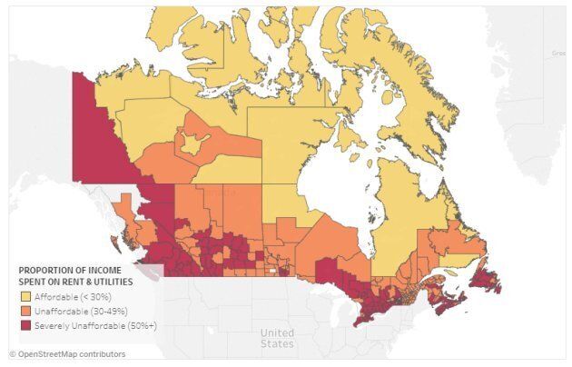 This heat map from the Canadian Rental Housing Index shows "severely unaffordable" rental costs are not limited to Canada's major cities.