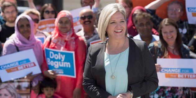 Ontario NDP leader Andrea Horwath is surrounded by supporters at a campaign event in Toronto on May 8, 2018.