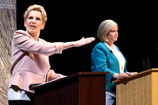 Ontario Liberal Leader Kathleen Wynne and Ontario NDP Leader Andrea Horwath take part in a leaders' debate in Parry Sound, Ont., on May 11, 2018.