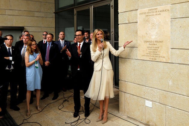 Senior White House Adviser Ivanka Trump and U.S. Treasury Secretary Steven Mnuchin stand next to the dedication plaque at the U.S. embassy in Jerusalem, during the dedication ceremony of the new U.S. embassy in Jerusalem, May 14, 2018.