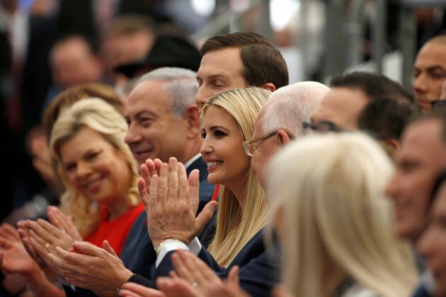 Israeli Prime Minister Benjamin Netanyahu, his wife Sara Netanyahu and Senior White House Advisers Jared Kushner and Ivanka Trump applaud during the dedication ceremony of the new U.S. embassy in Jerusalem, on May 14, 2018.