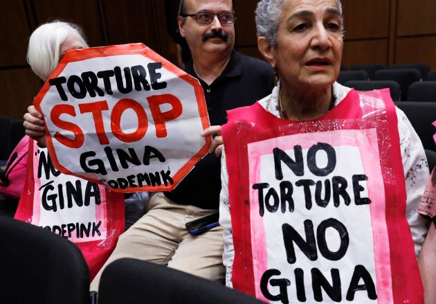 Protesters gather prior to acting CIA Director Gina Haspel's testimony at her Senate Intelligence Committee confirmation hearing on Capitol Hill in Washington, D.C. on May 9, 2018.