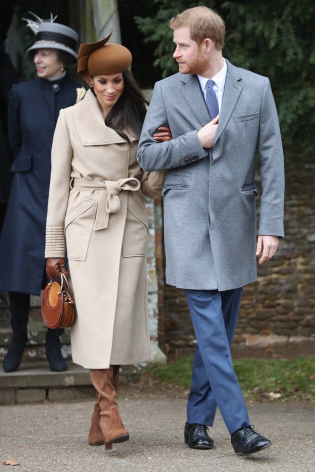 Meghan Markle wears a Sentaler coat at a Christmas Day Church service at Church of St Mary Magdalene on Dec. 25, 2017.