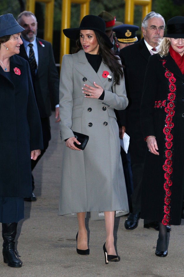 Meghan Markle wears a Smythe coat at an Anzac Day dawn service at Hyde Park Corner on April 25, 2018 in London.