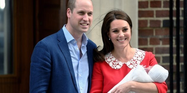 Prince William, Duke of Cambridge and Catherine, Duchess of Cambridge, with Prince Louis outside the Lindo Wing.