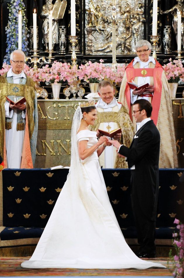 Crown Princess Victoria of Sweden and her husband Prince Daniel during their wedding ceremony on June 19, 2010.