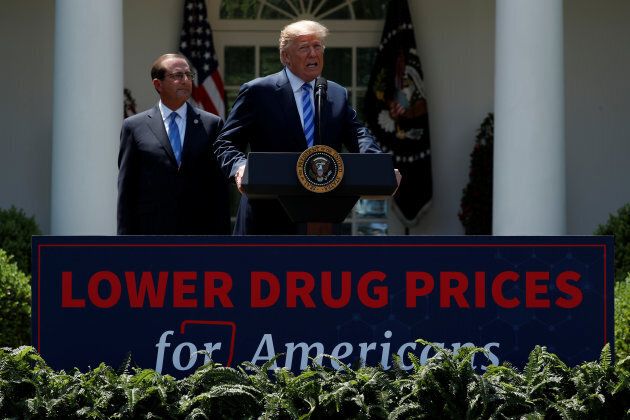 U.S. President Donald Trump and Secretary of Health and Human Services Alex Azar deliver remarks about prescription drug prices at the White House in Washington, on May 11, 2018.