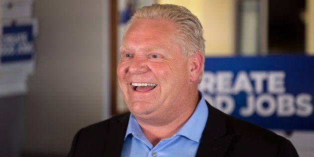 Ontario PC leader Doug Ford makes an announcement at Capri Pizza during a campaign stop in Cambridge, Ont. on May 17, 2018.
