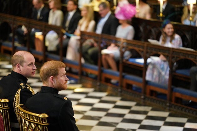 Britain's Prince Harry, Duke of Sussex, right, and Prince Harry's brother and best man, Prince William, Duke of Cambridge, on the left, wait in the chapel ahead of his wedding.