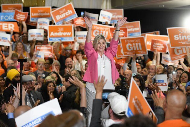 Ontario NDP Leader Andrea Horwath waves to supporters at an NDP rally in Brampton, Ont. on May 21, 2018.