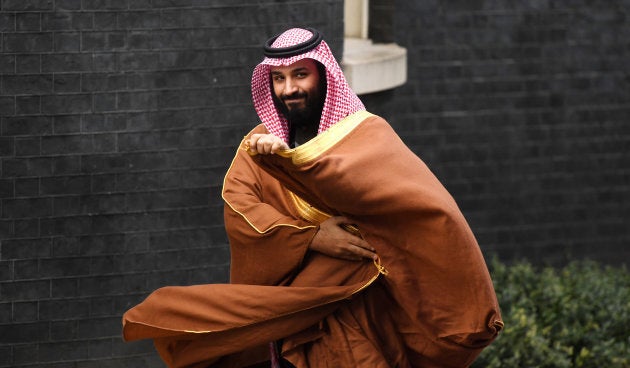 Saudi Arabia's crown prince Mohammad bin Salman arrives in 10 Downing Street on the first day of his three-day visit to the United Kingdom, on March 7, 2018.